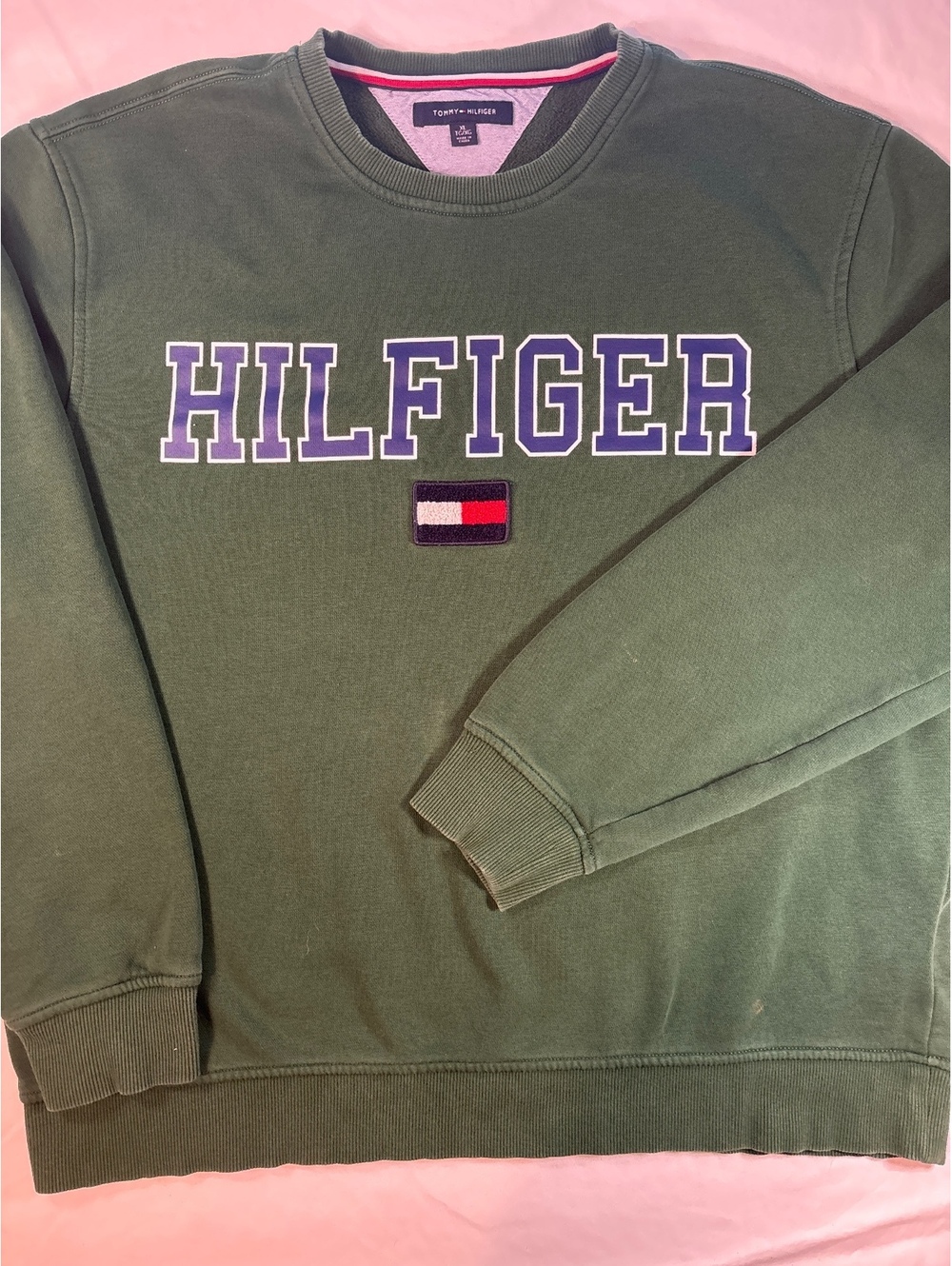 Tommy Hilfiger XL Green Distressed Crewneck Sweatshirt Big Spellout Flag Logo